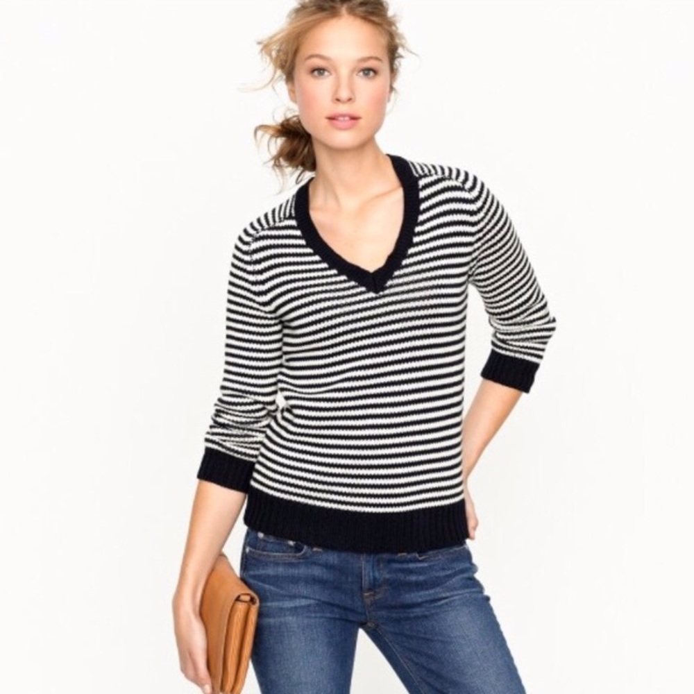 j crew navy and white striped v neck sweater